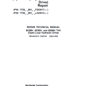 John Deere 803MH, 853MH, 859MH Harvester Open-Loop Repair Manual (S.N F293917)