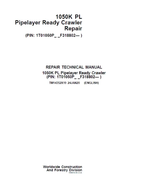 1-170 John Deere 1050K PL Pipelayer Crawler Dozer Service Manual