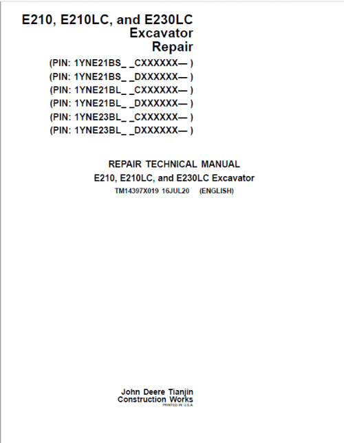 John Deere E210, E210LC, E230LC Excavator Repair Manual