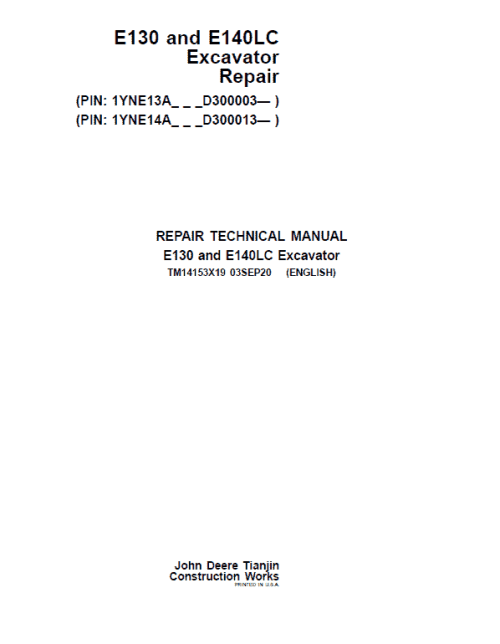 John Deere E130, E140LC Excavator Repair Service Manual