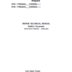 John Deere E400LC Excavator Repair Service Manual