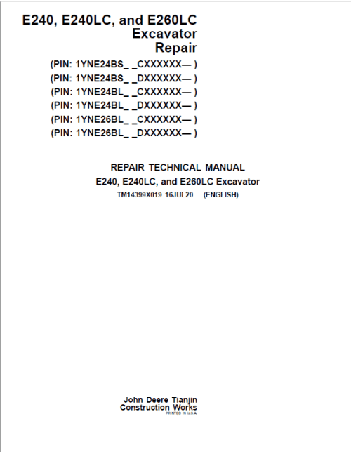 John Deere E240, E240LC, E260LC Excavator Repair Manual