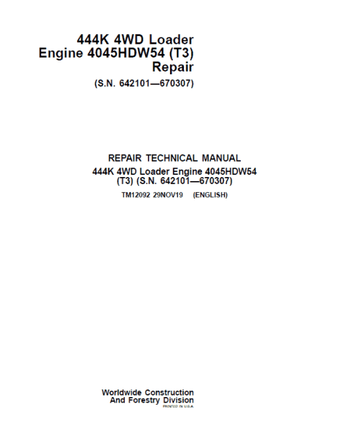 John Deere 444K 4WD Loader Engine 4045HDW54 T03 Technical Manual