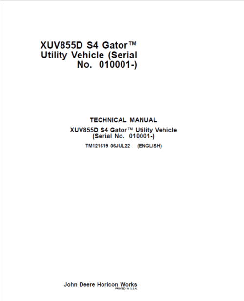 John Deere XUV855D S4 Gator Utility Vehicle Service Repair Manual