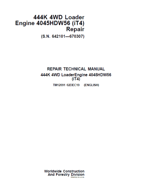 John Deere 444K 4WD Loader Engine 4045HDW56 iT4 Technical Manual