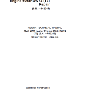 John Deere 524K 4WD Loader Engine 6068HDW74 T3 Technical Manual