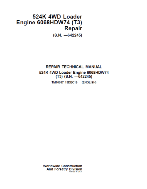 John Deere 524K 4WD Loader Engine 6068HDW74 T3 Technical Manual