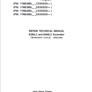 John Deere E380LC, E400LC Excavator Repair Manual
