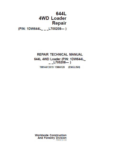 John Deere 644L 4WD Loader Repair Service Manual
