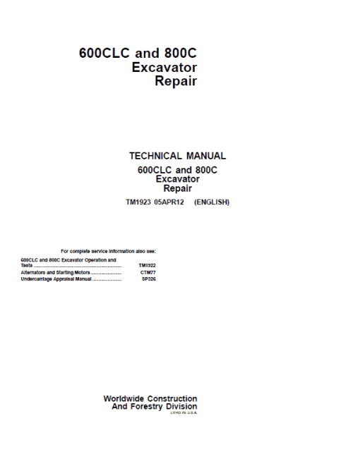 John Deere 600CLC, 800C Excavator Repair Service Manual