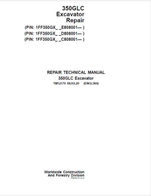 John Deere 350GLC Excavator Service Manual
