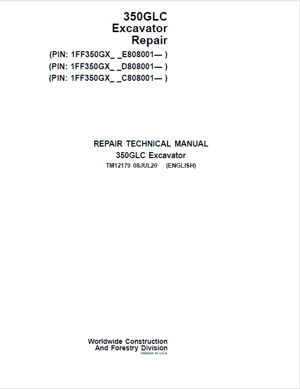 John Deere 350GLC Excavator Service Manual