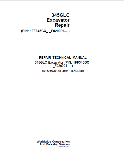 John Deere 345GLC Excavator Repair Service Manual