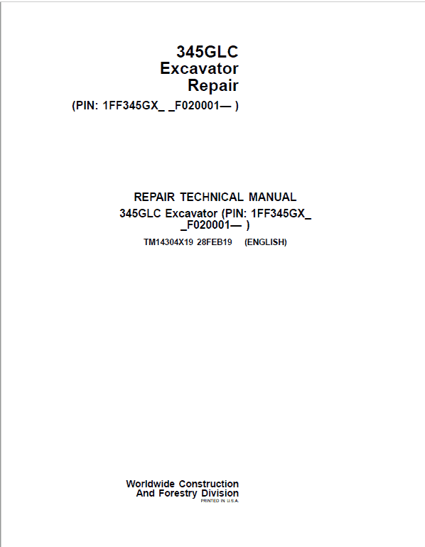 John Deere 345GLC Excavator Repair Service Manual