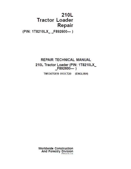 John Deere 210L Tractor Loader Repair Technical Manual
