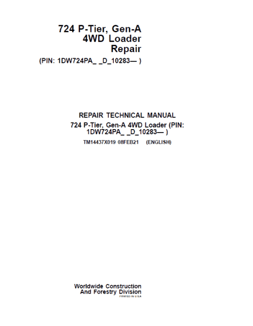John Deere 724 P-Tier, Gen-A 4WD Loader Repair Technical Manual