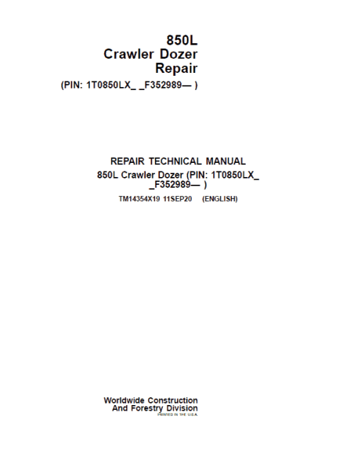 John Deere 850L Crawler Dozer Repair Services Manual
