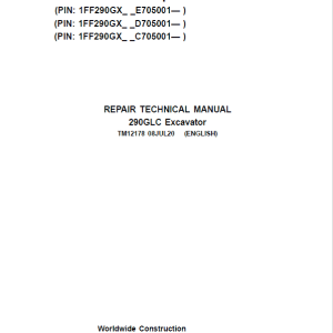 John Deere 290GLC Excavator Service Manual