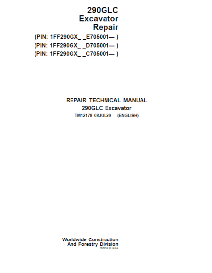 John Deere 290GLC Excavator Service Manual