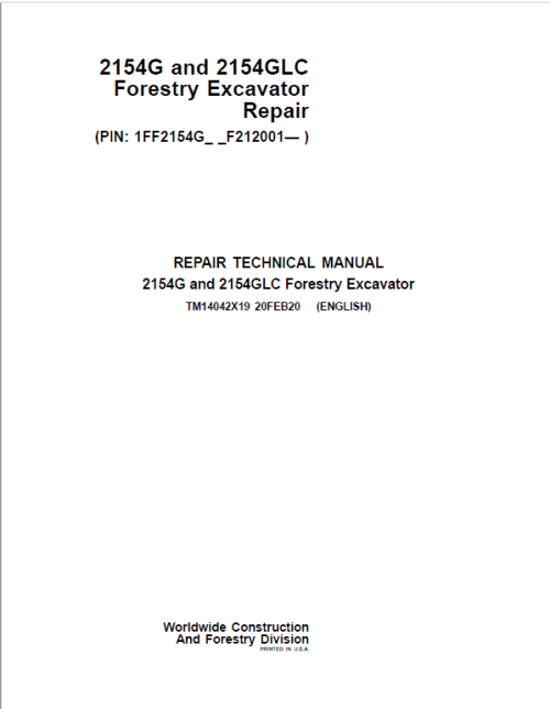 John Deere 2154G, 2154GLC Swing Excavator Repair Service Manual