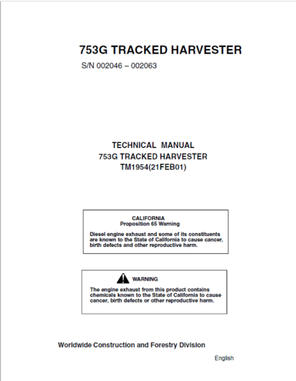 John Deere 753G Tracked Harvester Repair Service Manual