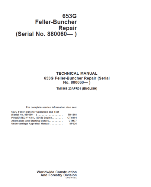 John Deere 653G Feller Buncher Service Repair Manual