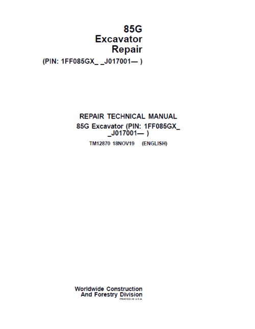 John Deere 85G Excavator Repair Service Manual