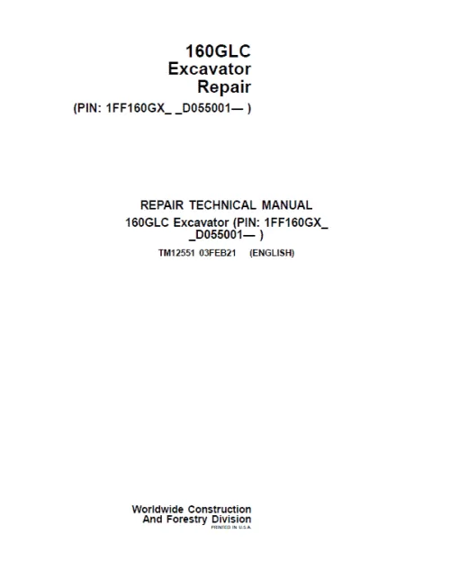 John Deere 160GLC Excavator Repair Service Manual
