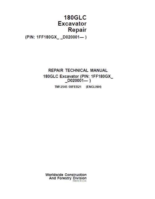 John Deere 180GLC Excavator Repair Service Manual