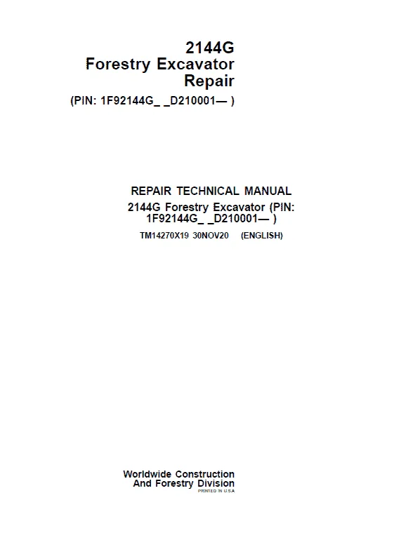 John Deere 2144G Forestry Excavator Repair Service ManualJohn Deere 2144G Forestry Excavator Repair Service Manual