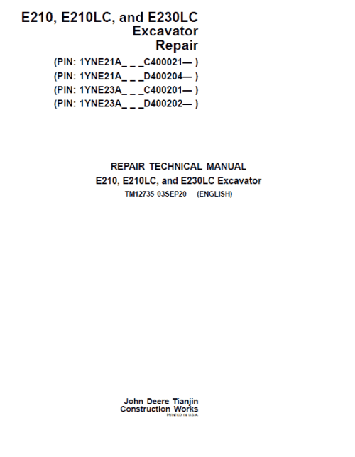 John Deere E210, E210LC, E230LC Excavator Service Manual