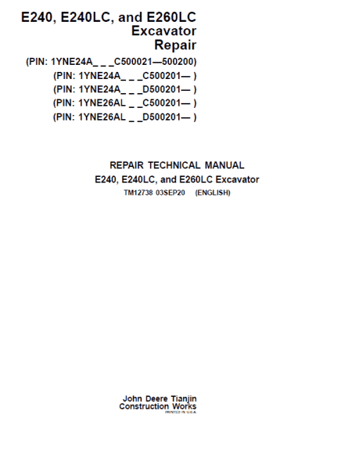 John Deere E240, E240LC, E260LC Excavator Service Manual