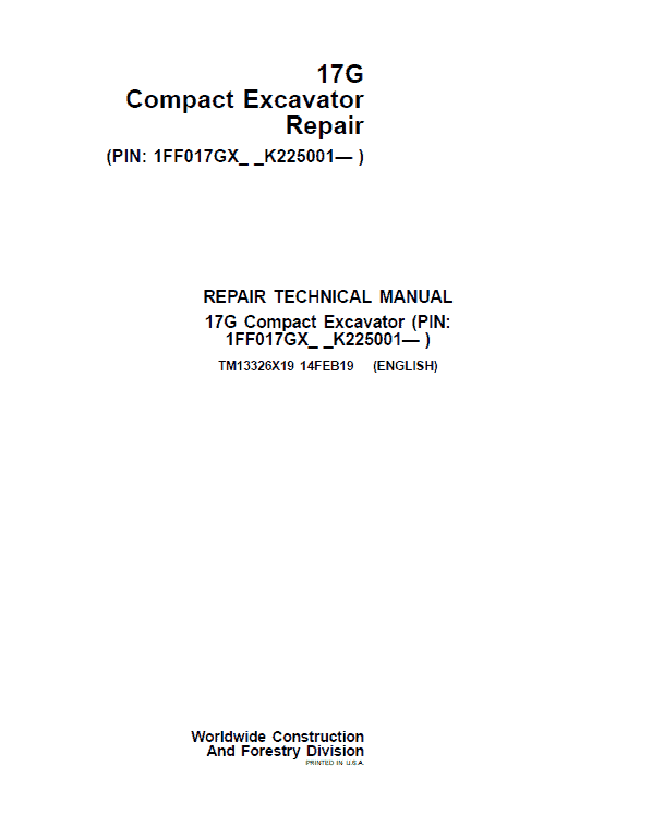 John Deere 17G Excavator Repair Service Manual