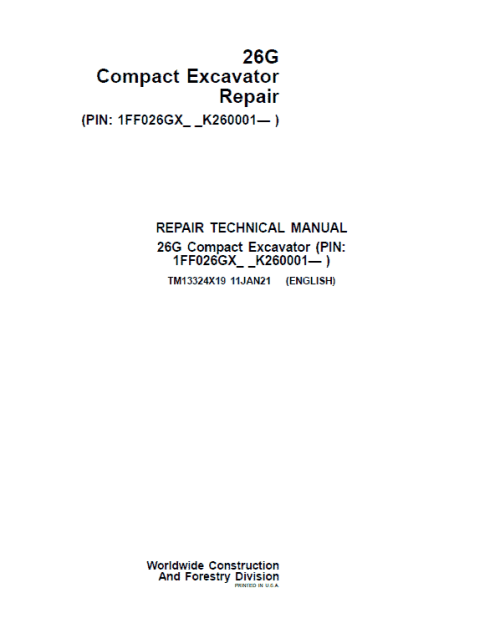 John Deere 26G Excavator Repair Service Manual