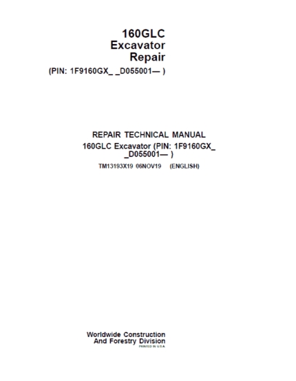 John Deere 160GLC Excavator Repair Service Manual