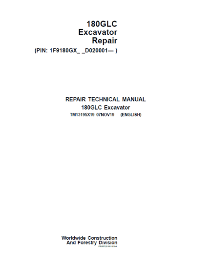 John Deere 180GLC Excavator Repair Service Manual