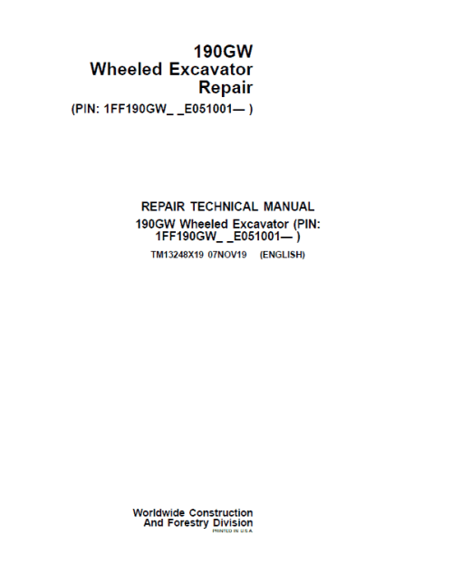 John Deere 190GW Wheeled Excavator Repair Service Manual