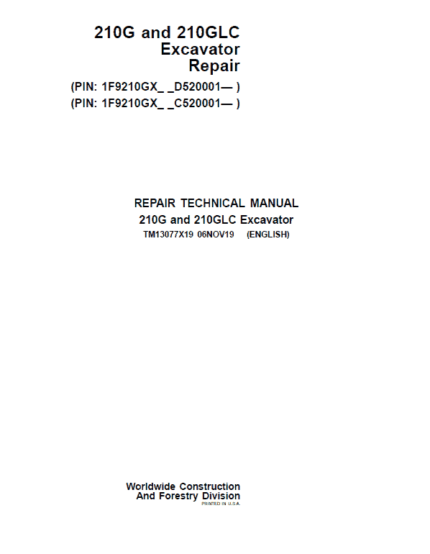 John Deere 210G, 210GLC Excavator Repair Manual