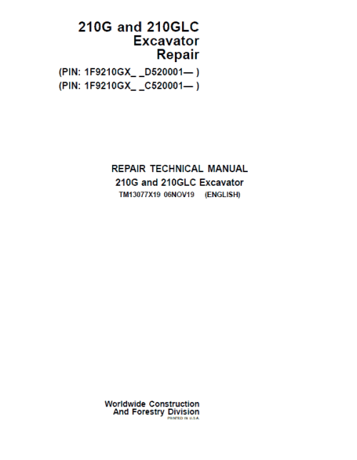 John Deere 210G, 210GLC Excavator Repair Manual