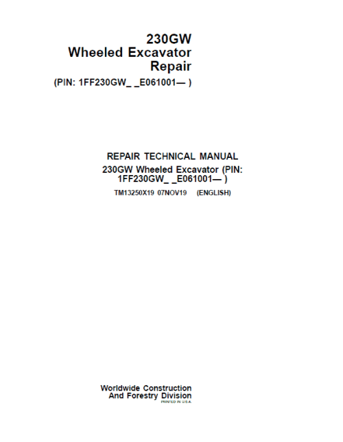 John Deere 230GW Wheeled Excavator Repair Service Manual