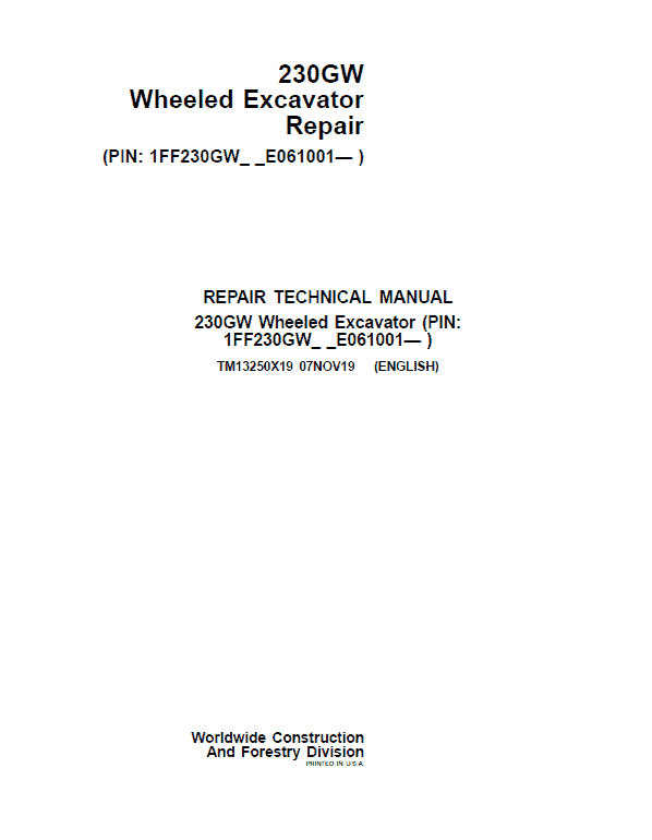John Deere 230GW Wheeled Excavator Repair Service Manual