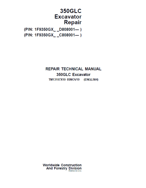 John Deere 350GLC Excavator Repair Service Manual