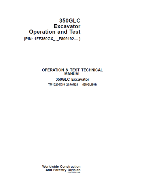 John Deere 350GLC Excavator Repair Service Manual