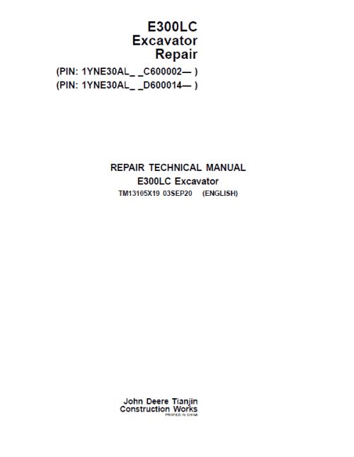 John Deere E300LC Excavator Repair Service Manual