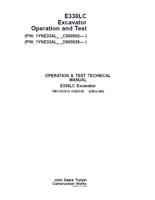 John Deere E330LC Excavator Repair Service Manual