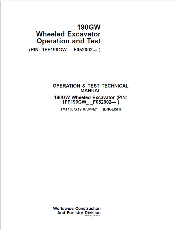 John Deere 190GW Wheeled Excavator Repair Services Manual
