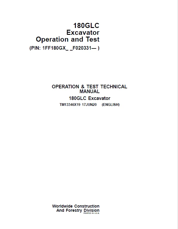 John Deere 180GLC Excavator Repair Service Manual TM