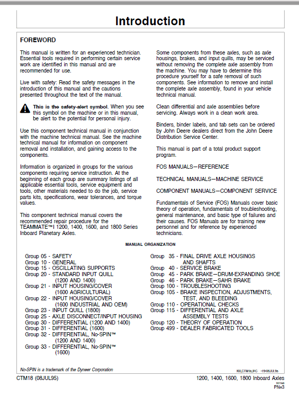 John Deere TeamMate I 1200, 1400, 1600, 1800 Series Inboard Planetary Axles Manual
