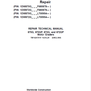 John Deere 870G, 870GP, 872G Grader Technical Manual
