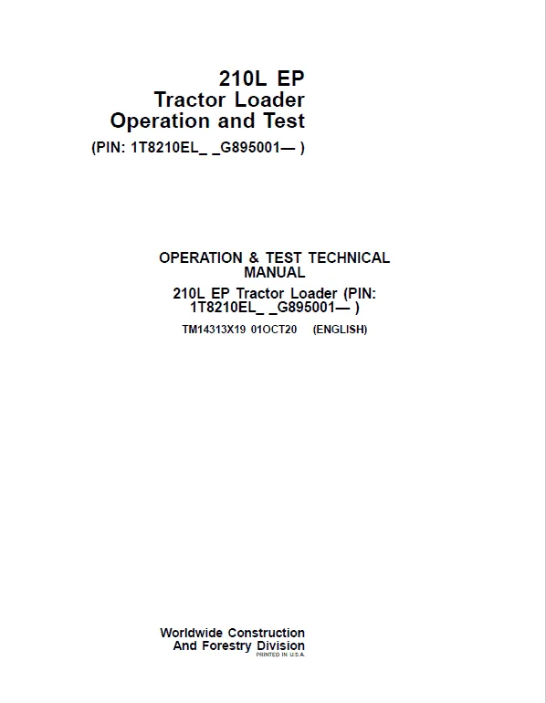 John Deere 210L EP Tractor Loader Repair Service Manual